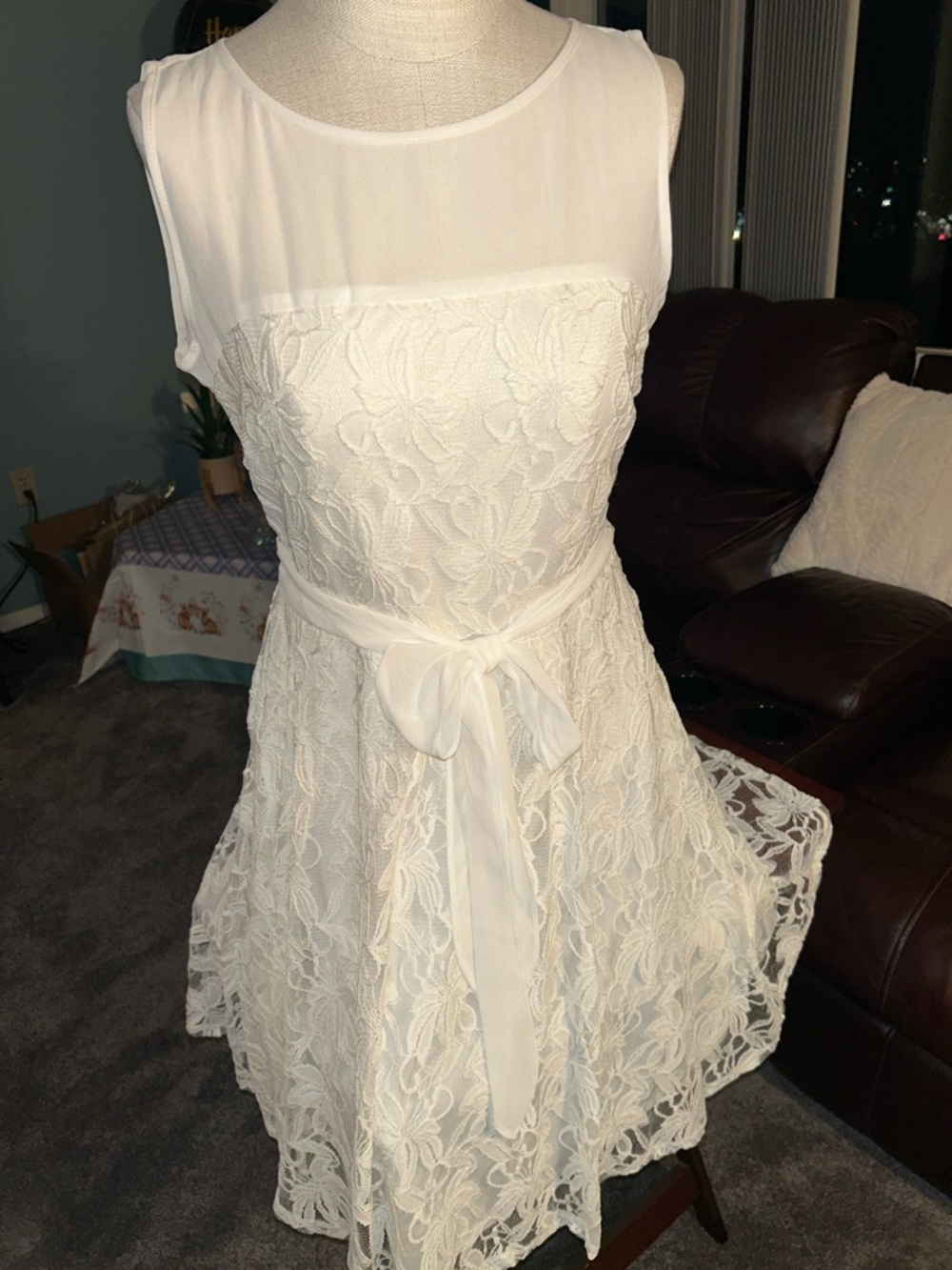 Danny and Nicole’s White Lace Midi Dress with Sheer Yoke and Waist Tie Size 10